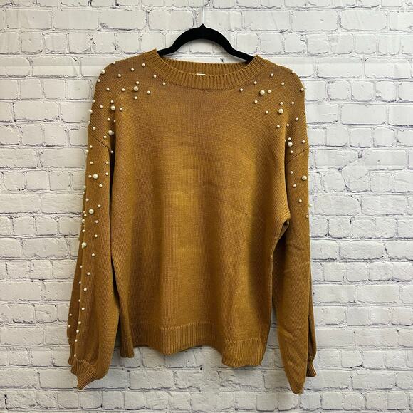 Blooming Jelly Sweaters - Blooming Jelly Oversized Brown Long Sleeve Sweater Pearl Beaded Women's Medium
